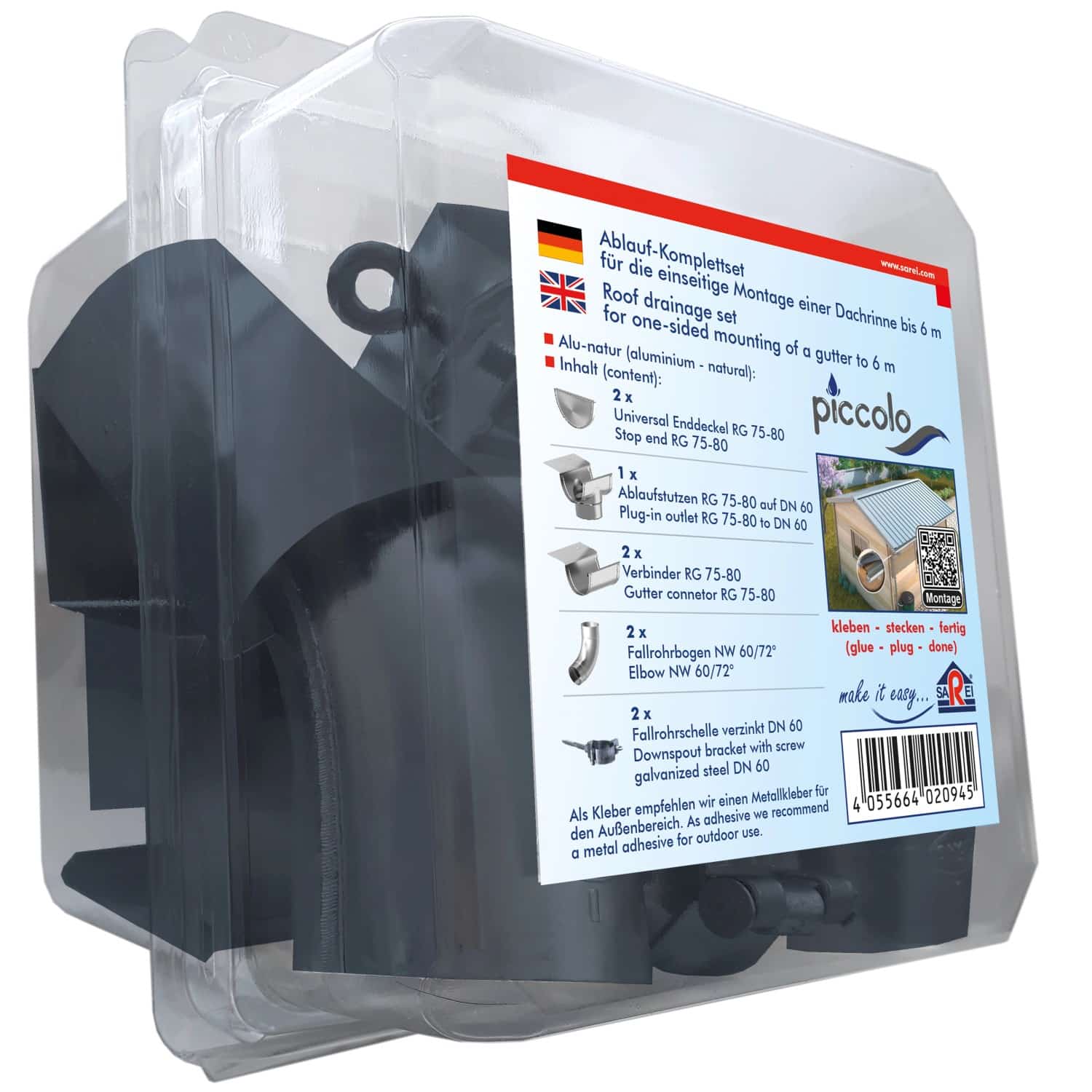 Sarei Ablaufset für SDF-Halbrundrinne Piccolo Alu-Anthrazit RG 80